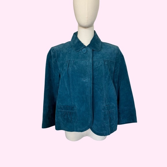 VTG Chico's Genuine Suede Teal Cropped Pea Coat Style Exaggerated Button Jacket - Picture 4 of 11